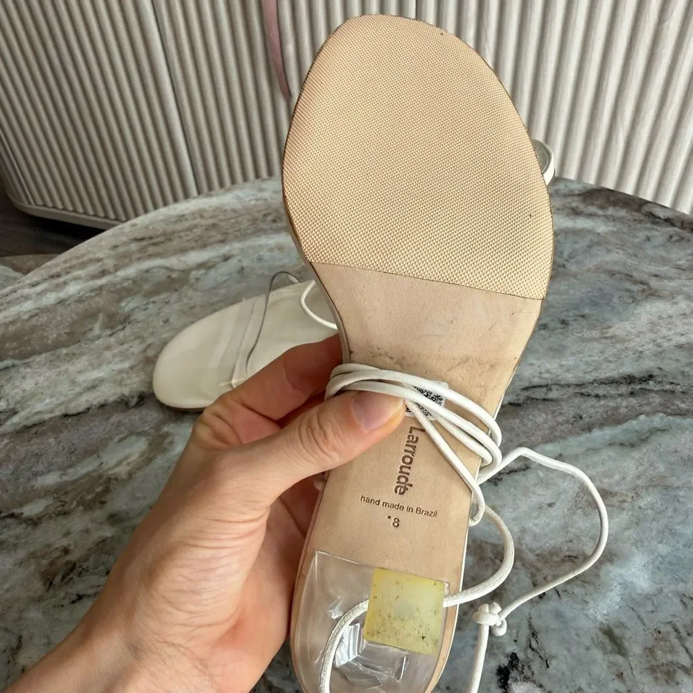 Larroude Gloria Clear Heels Ivory Lace Up Sandals Size 8 Ankle-Tie Sandal